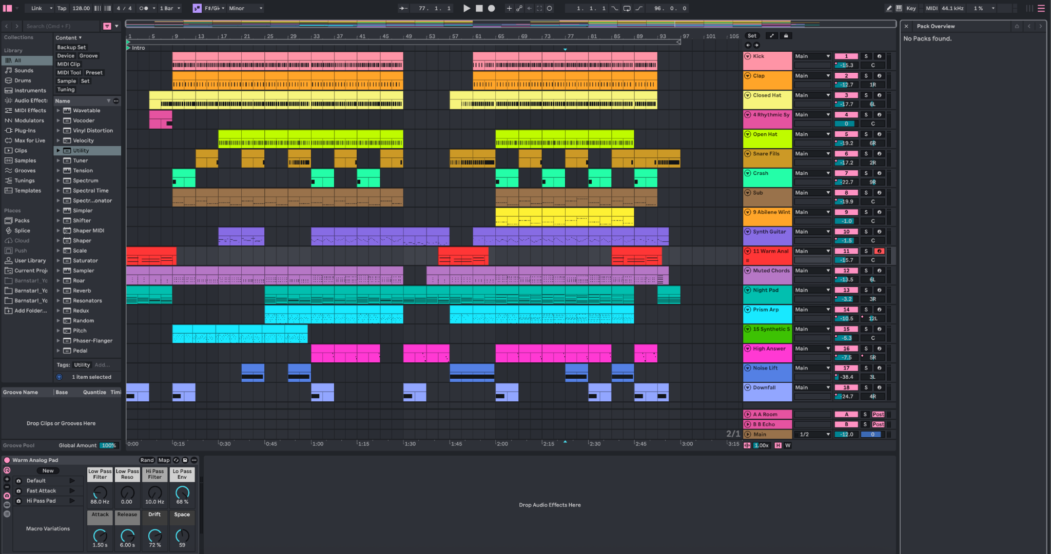 Ableton Live 12 arrangement view showing the Enlightment Project with layered drums, bass, synths, pads, arpeggios, strings, and transition effects.